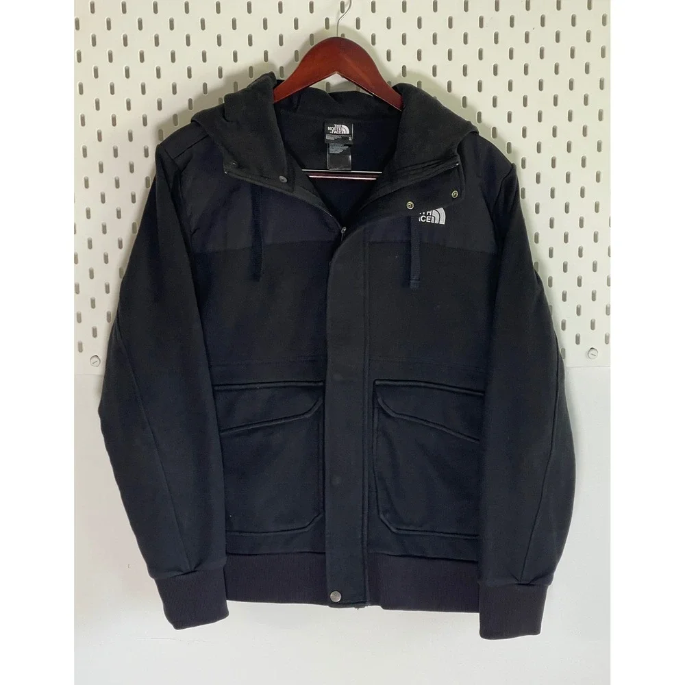 The North Face Mens Black Hooded Full Zip Jacket Nylon Overlay Size M